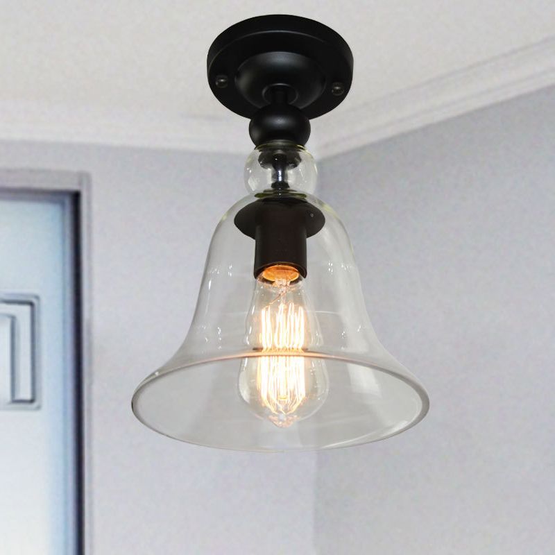 Contemporary 1 Light Semi Flush Mount Lighting with Glass Shade Black Bell Semi Flush Ceiling Light