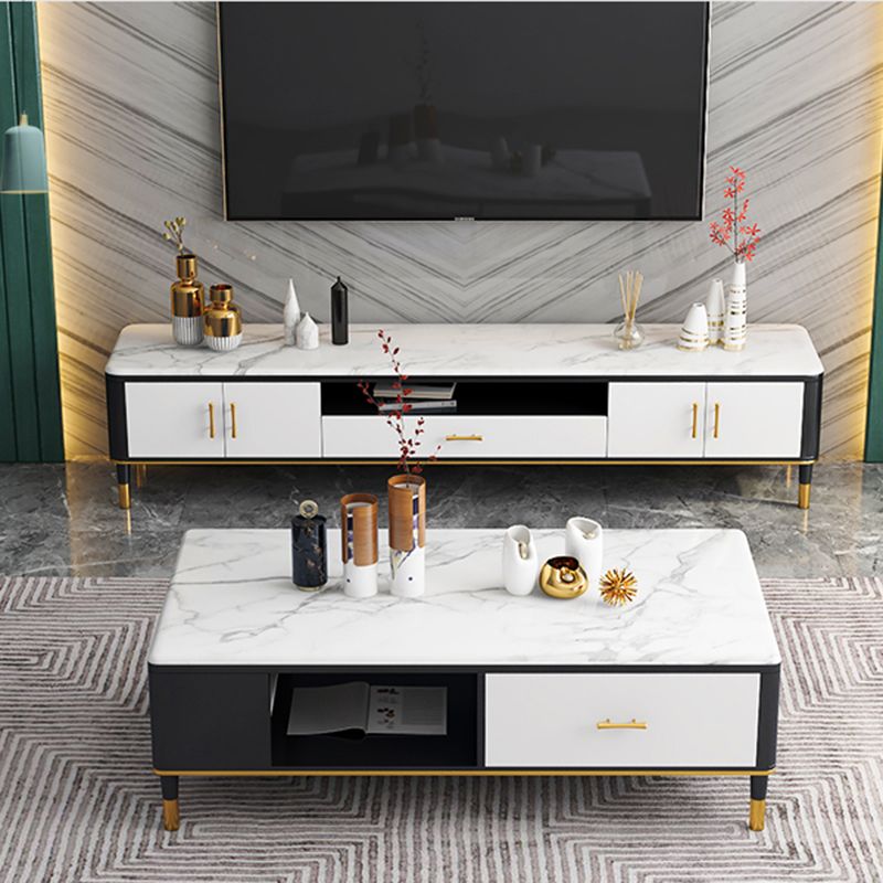 Glam Style TV Stand Stone White Colour Open Storage TV Console with Shelves