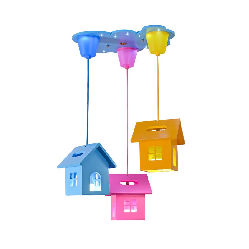 3-Head Bedroom Cluster Pendant Lighting Kids Blue-Pink-Yellow Hanging Light with House Wooden Shade