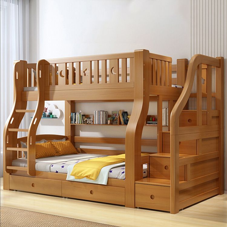 Walnut Standard Bunk Bed with Twin Trundle Solid Wood High Bunk Bed