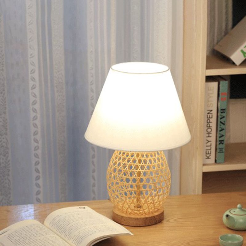 Asian Woven Oval Night Lamp Bamboo Rattan Single Bedroom Table Light with White Fabric Shade in Beige