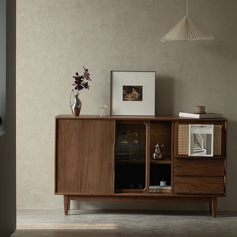 Contemporary Solid Wood Buffet Table Brown Sideboard with 2 Drawers