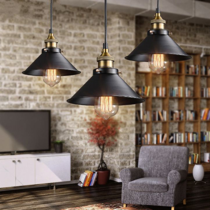 Black 1 Light Pendant Light Industrial Retro Tapered Shade Metal Hanging Lamp  for Dining Room