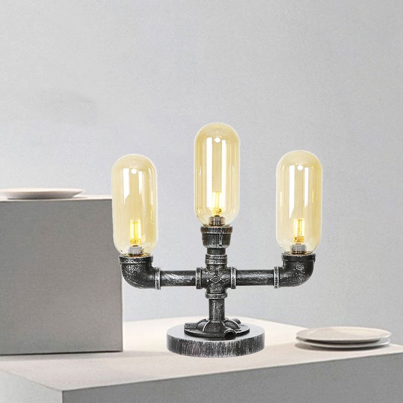 Capsule Clear/Amber Glass Night Light Farmhouse 2/3 Heads Tearoom LED Table Lamp with Pipe Base