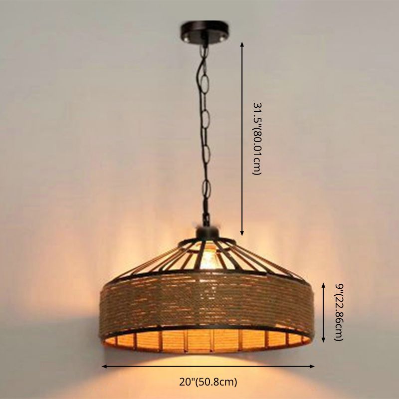 Vintage Black Mongolian Yurt Ceiling Light Hemp Rope 1 Light Restaurant Hanging Pendant Lighting