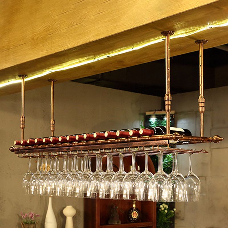 Metal Hanging Wine Bottle & Glass Rack Industrial Wine Glass Rack in Black and Brass