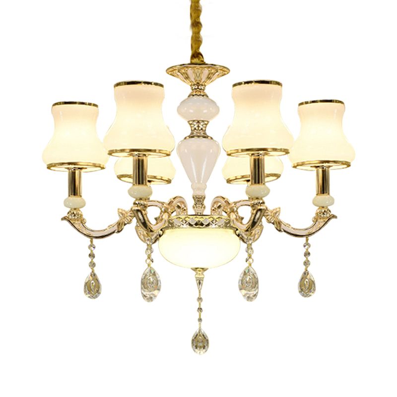 Milk Glass Gold Ceiling Chandelier Curved Arm 6 Lights Contemporary Crystal Pendant Lighting