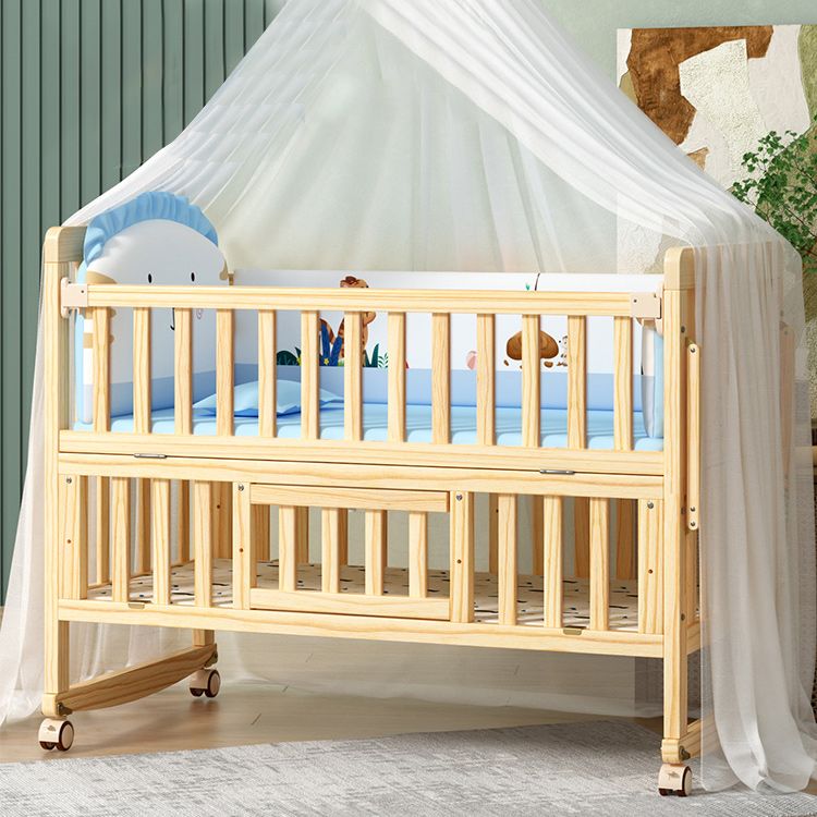 Modern Convertible Crib in Natural Solid Wood Nursery Bed with Storage