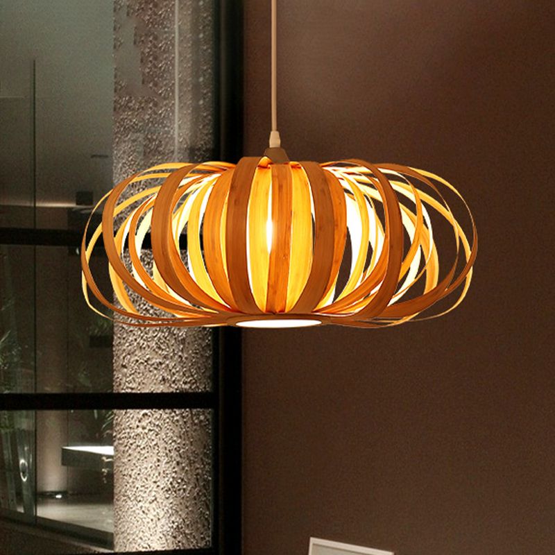 BEIGE Pumpkin Hanging Light Chinese 1 Testa a sospensione in legno Apparecchiatura per il ristorante