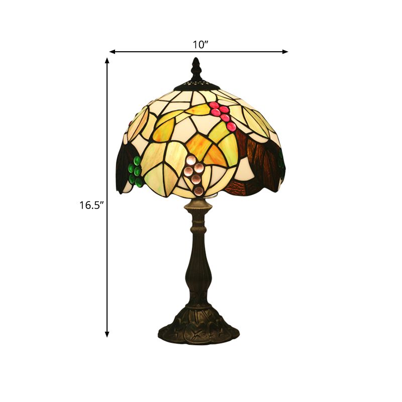 Bowl Shaped Stained Glass Desk Light Tiffany Style 1-Head Bronze Leaf and Fruit Patterned Night Table Lighting