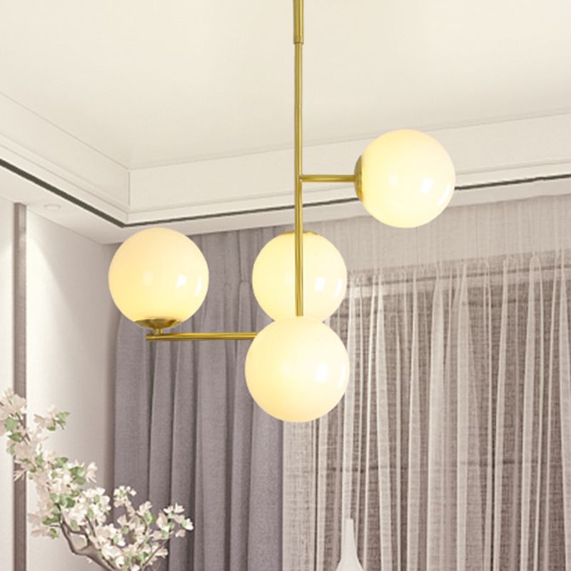 Modernist 4 Heads Pendant Chandelier Gold Ball Ceiling Hanging Light with Milky Glass Shade