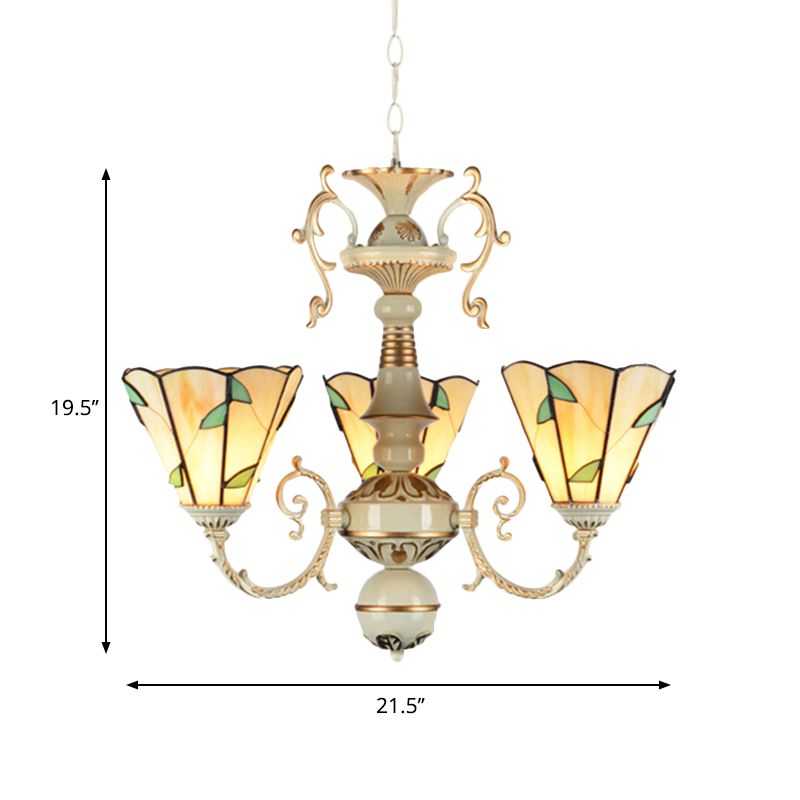 Beige Glass Leaf Pendant Light Traditional 3 Lights Foyer Chandelier Lamp with Adjustable Chain