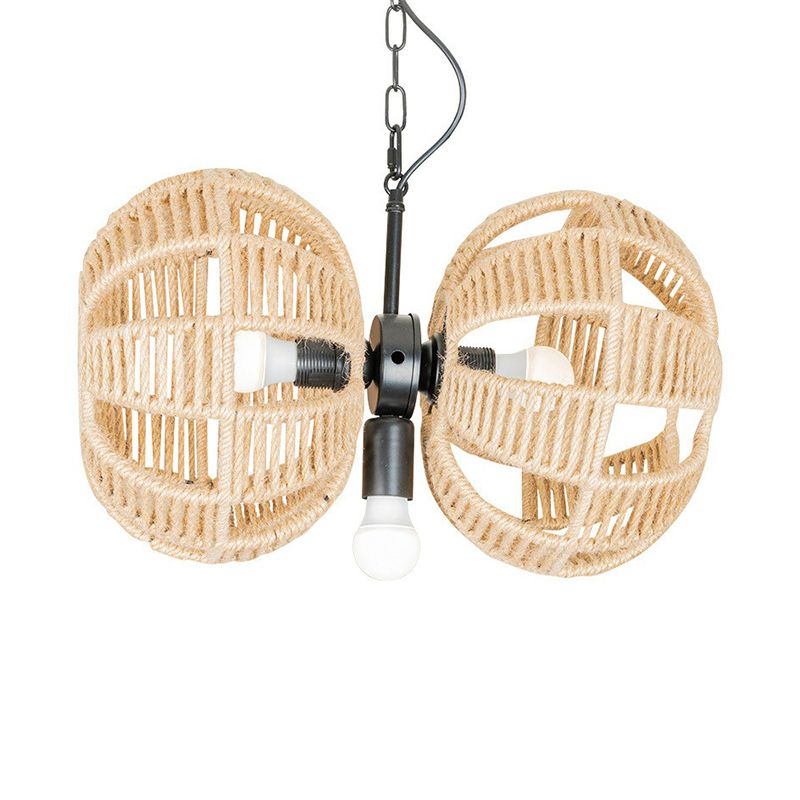 3 luces Doble Melon Suspension Pendse Farmhouse Lámpara de araña de cuerda marrón sobre la mesa