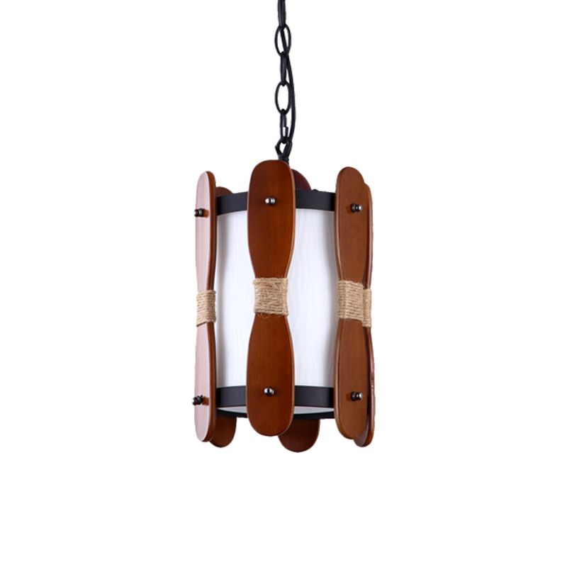 1 Light Drop Pendant Industrial Corridor Wood Ceiling Lamp with Cylinder Cream Glass Shade in Brown