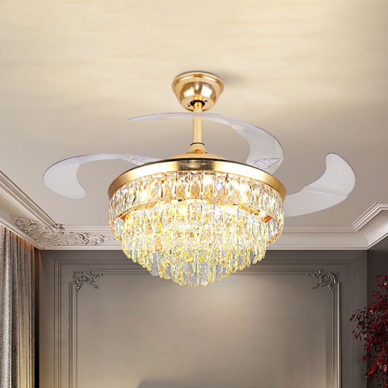 Cascading Ceiling Fan Lighting Simple Crystal Rectangle Great Room 19" W LED Semi Flush in Gold with 4-Blade