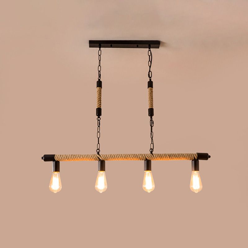 4 Lights Rope Chandelier Factory Black Finish Open Bulb Restaurant Pendant Light Kit with/without Ring Deco