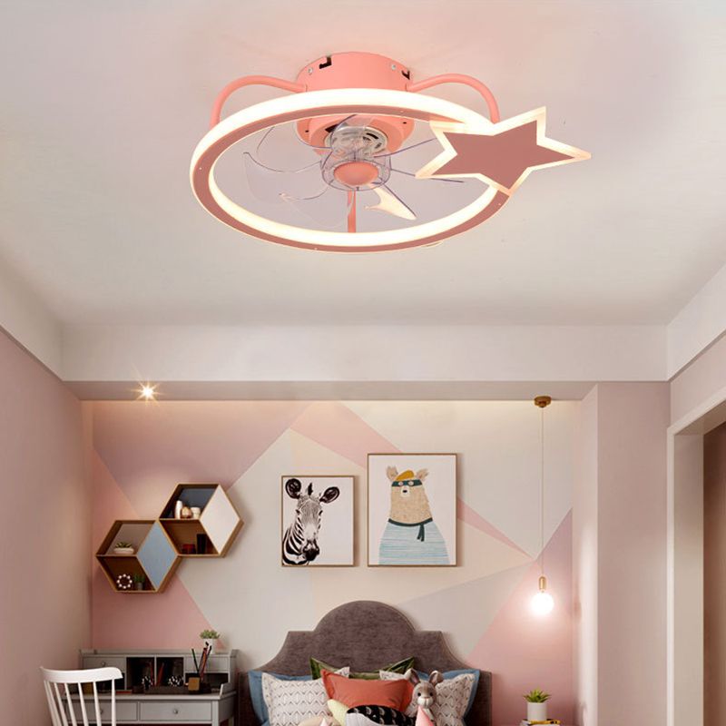 Cartoon LED Semi Flush Lamp Circular Ceiling Fan Light with Acrylic Shade for Child Room