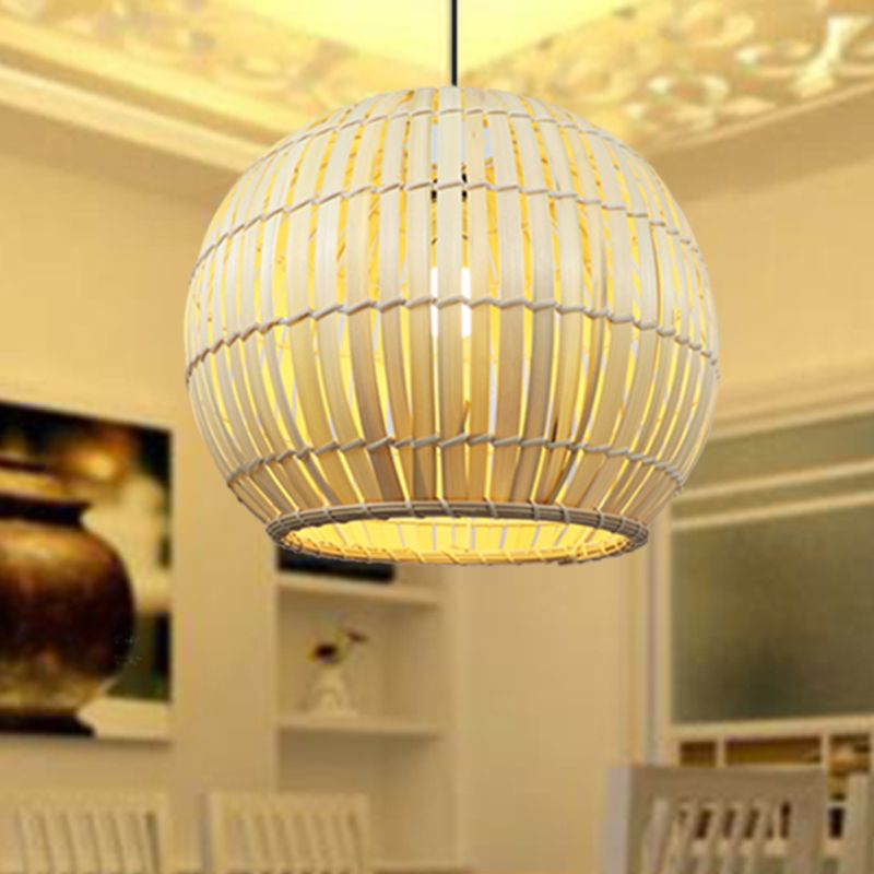 Global Bamboo Shade Pendant Lamp Modern Stylish 12"/16" W 1 Bulb Beige/Brown Ceiling Lighting for Restaurant