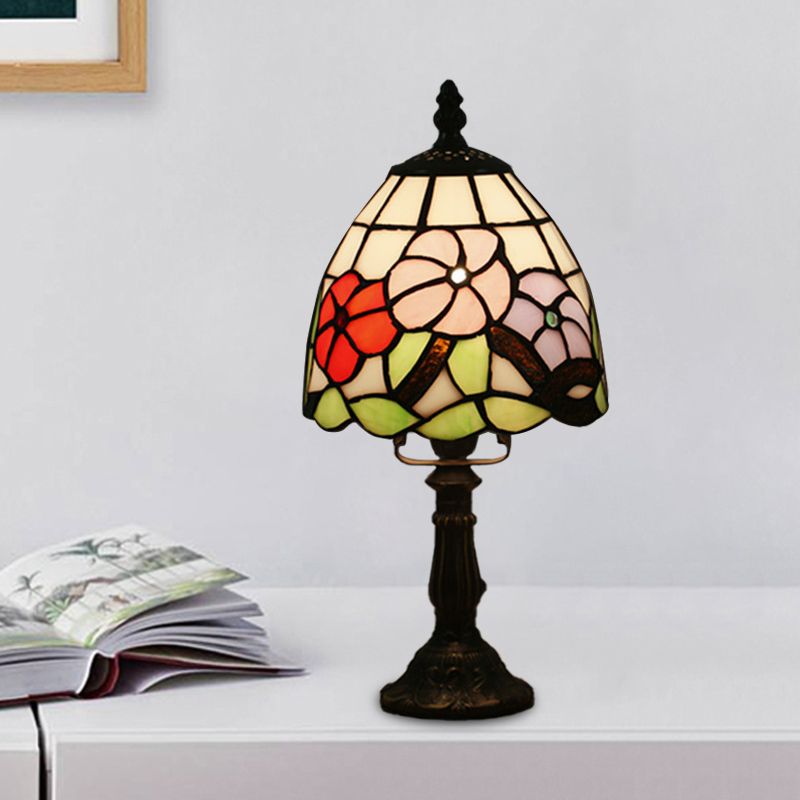 Dome Shape Nightstand Lighting 1-Light Stained Glass Baroque Style Blossom Patterned Table Lamp in Red/Pink/Orange