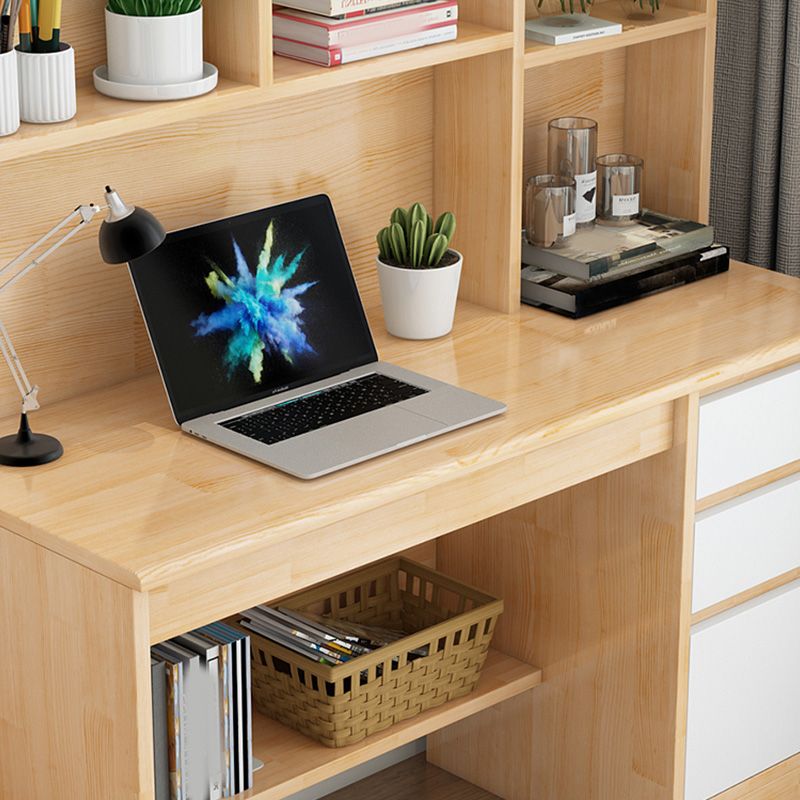 Writing Desk in Natural Solid Wood with 2 Drawers and Bookshelf