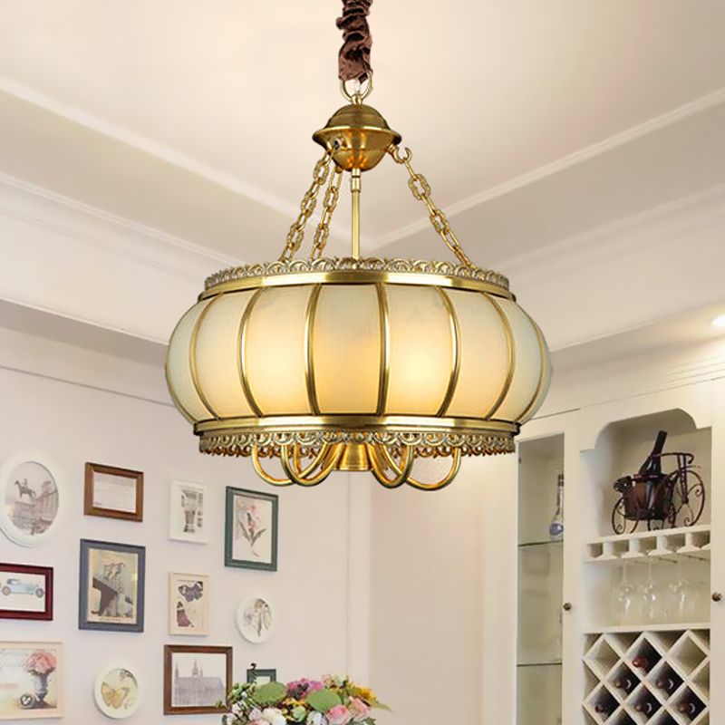 Drum Living Room Pendant Chandelier Colonial Opal Blown Glass 4 Heads Brass Hanging Ceiling Light