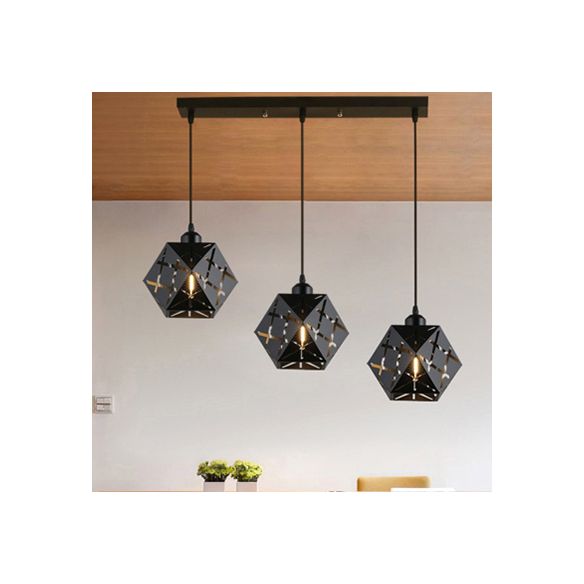 Geometric Hanging Lamp with Carved Metal Shade Industrial 3 Lights Kitchen Pendant Light