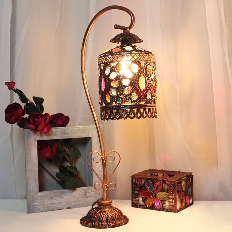 Metal Copper Night Table Light Cylindrical 1 Light Bohemian Nightstand Lamp for Living Room