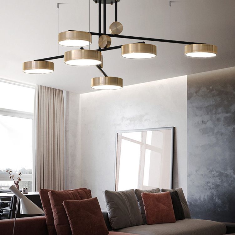 Gold Metal Pendant Light Mid-Century Modern Drum Shade Living Room Chandelier Lighting