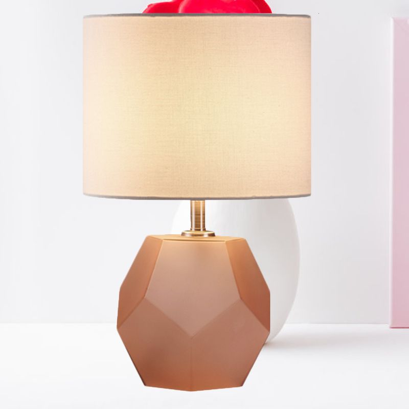 Single-Bulb 3D Hexagon Table Lamp Modern Grey/Pink/Yellow Glass Night Light with Drum Fabric Shade