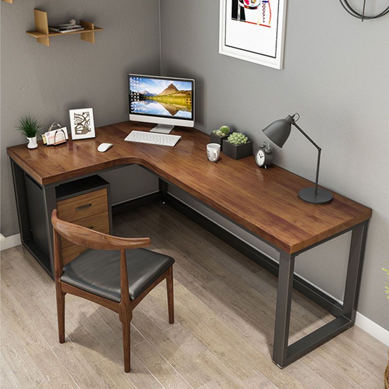 Modern Pine Wood Office Desk Brown L-Shape Task Desk for Home and Office