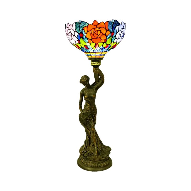 Table de bol Éclairage 1 tête en vitrail Petal baroque / libellule lampe de nuit à motifs en laiton avec résine Naked Woman Base