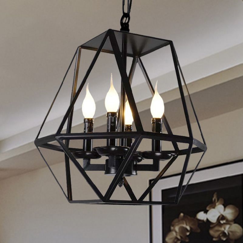 Zwart 4 koppen plafondlamp armatuur retro industriële metaal geometrische kooi kroonluchter lamp met verstelbare ketting
