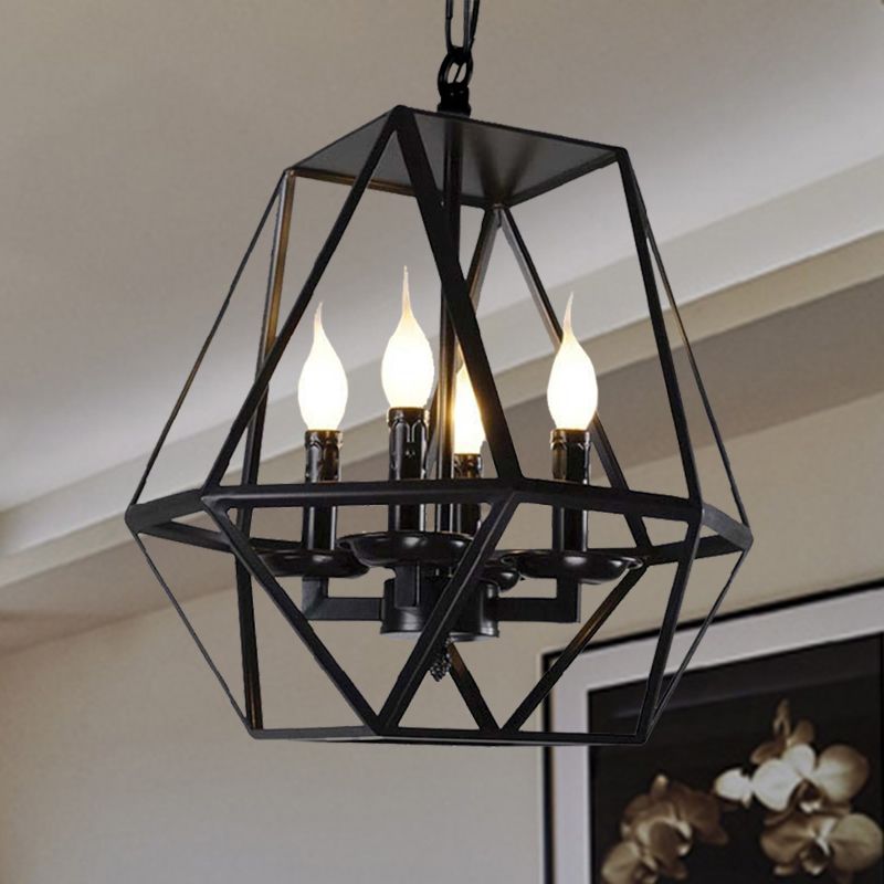 Black 4 Heads Ceiling Light Fixture Retro Industrial Metal Geometric Cage Chandelier Lamp with Adjustable Chain