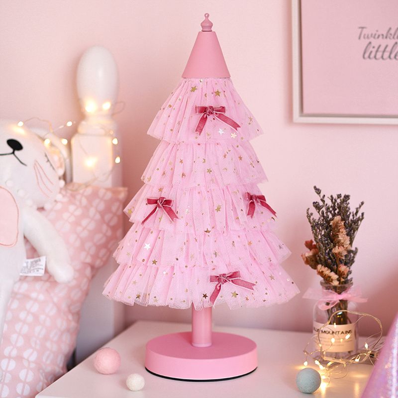 Pink Christmas Tree Table Lighting Kids 1 Bulb Fabric Nightstand Light with Round Base for Girl's Bedroom