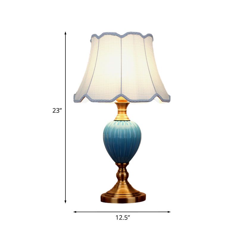 1-Light Scalloped/Tapered Night Lamp Retro Sky Blue/Light Blue Pleated/Paneled Fabric Table Lighting with Droplet Ceramic Base