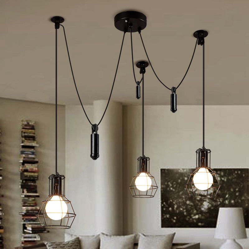 3/5/8 têtes de luminaire pendentif en cage ferme lampe à suspension métallique noire avec design de butin