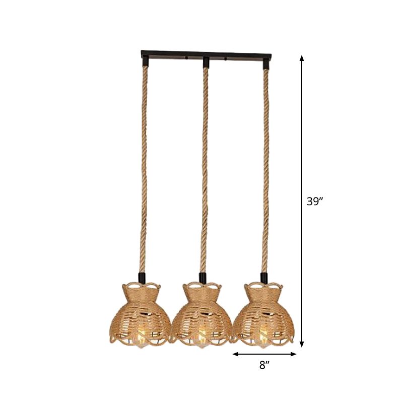 Round/Linear Bistro Cluster Bowl Pendant Farmhouse Hemp 3/6-Head Brown Multi Hanging Lamp with Scalloped Trim