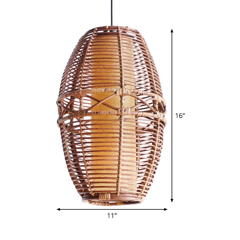 Braune Laterne Anhänger Lampe Asien 1 Glühbirne Bambus Hanging Leuchte mit Innenrohr -Pergamentschatten