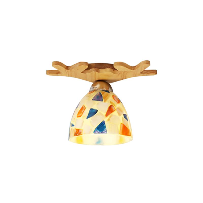 Antique Domed Ceiling Mount Light with Deer Horn 1 Light Glass Ceiling Lamp in Beige for Shop