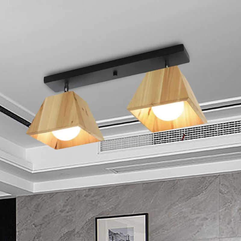 Black/White Linear Semi Flushmount Lamp with Trapezoid Wooden Shade Modern 2/3-Bulb Semi Flush Ceiling Fixture