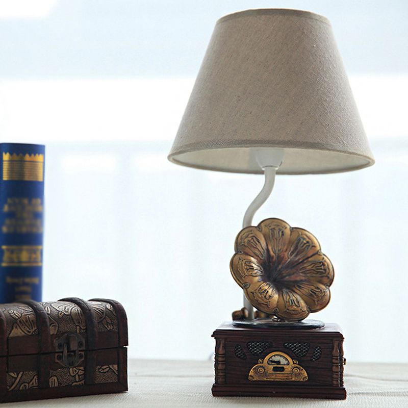 Modern Conical Table Light Fabric 1 Light Study Room Reading Lamp with Phonograph Base in Brown