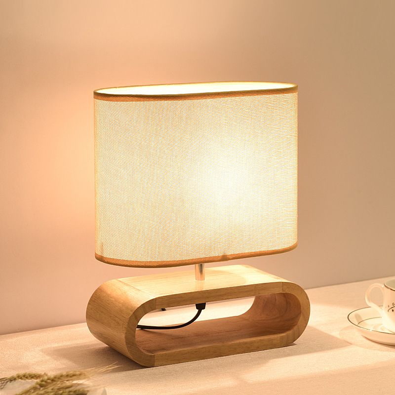 Nordic Style Oblong Nightstand Lamp Wood 1-Light Bedside Table Light with Fabric Shade