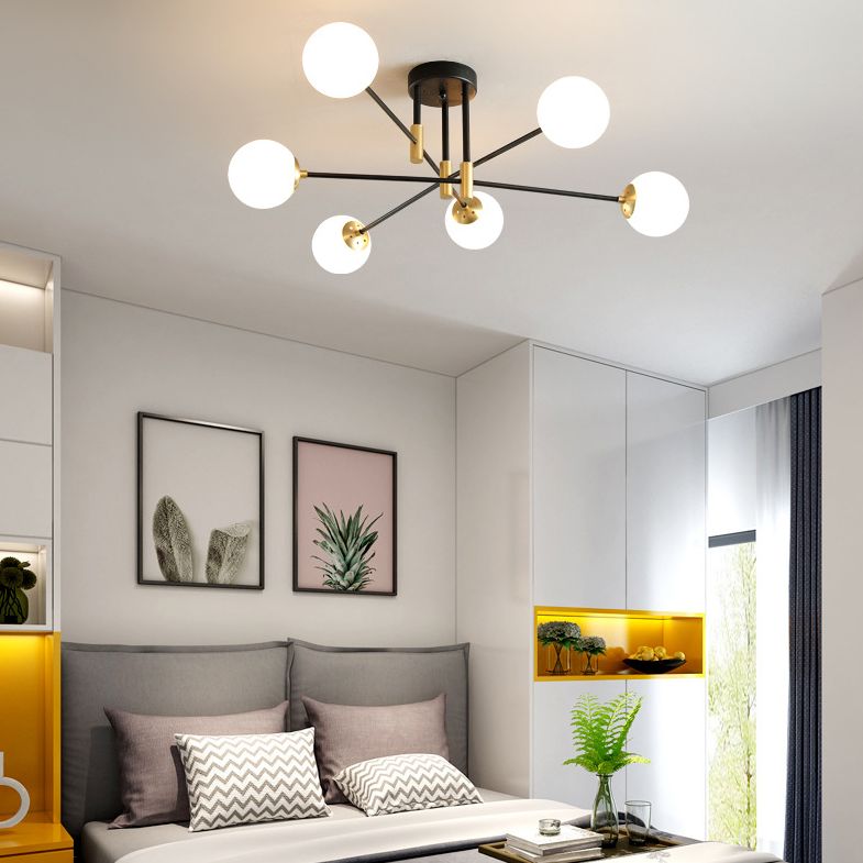 Opal Glass Shade Semi Flush Mount in industriale Luce a soffitto radiale in metallo in metallo in nero e oro