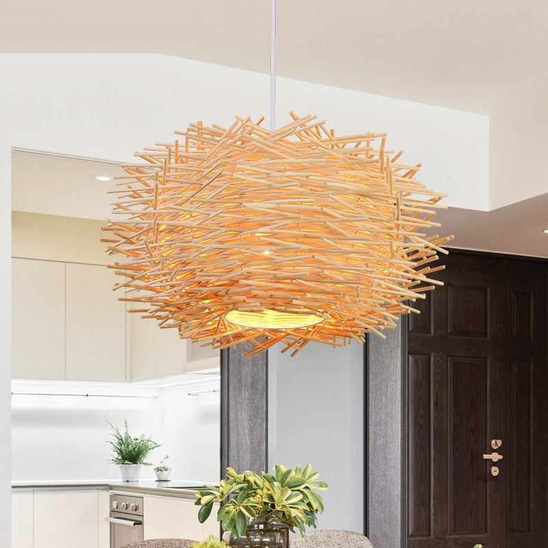 Asia Style Bird Nest Hanging Light Fixture Wood Dinning Room Pendant Lighting Fixture