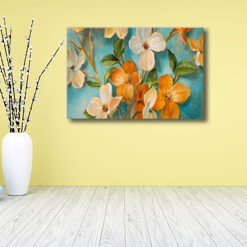 Orange-White Flower Blossom Painting Textured Farmhouse Living Room Wall Art Print