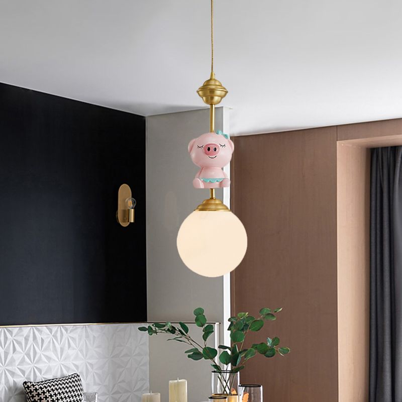 Resin Pig/Chicken/Snake Pendant Cartoon 1 Light Gold Hanging Light Fixture with Spherical Opal Glass Shade