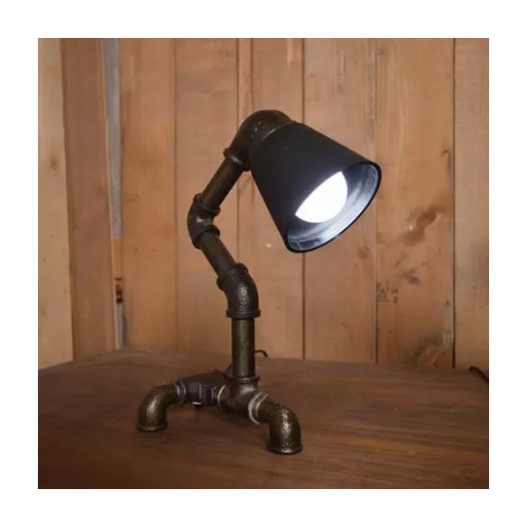 Black Cone Shade Table Lamp Industrial Style Metallic 1 Light Coffee Shop Table Lighting with Pipe