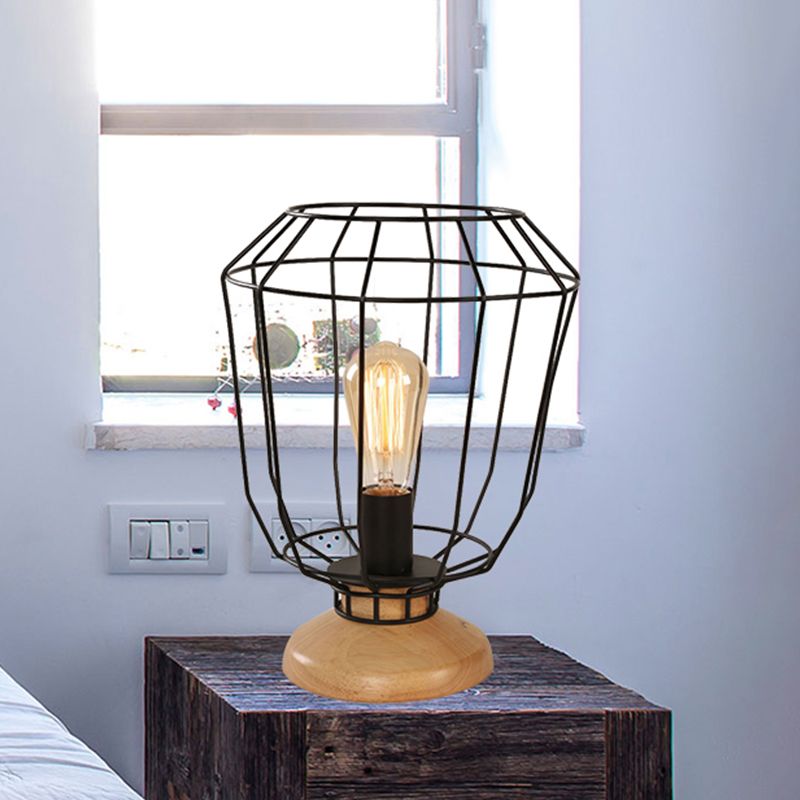 1 Bulb Table Lamp Industrial Stylish Pear/Barrel Shade Metal and Wood Task Lamp with Wire Guard in Black for Bedroom