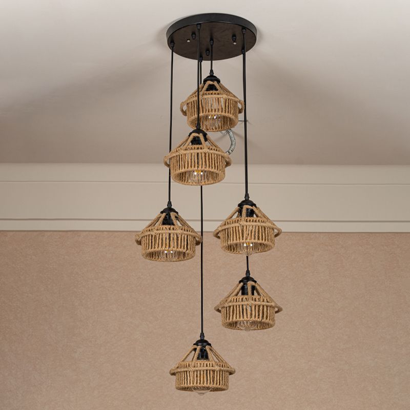 3/6-Light Mini House Multi Pendant Cottage Brown Hand Worked Rope Hanging Light Fixture, Round/Linear Canopy