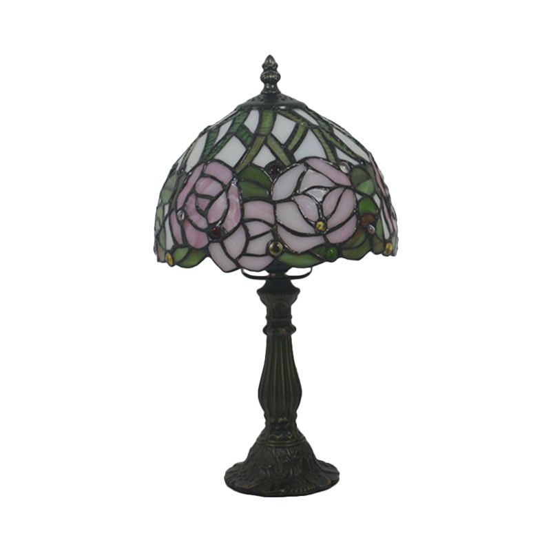 Victorian Dome Shade Night Lamp 1-Light Stained Art Glass Rose Patterned Desk Lighting in Red/Pink/Blue for Bedroom